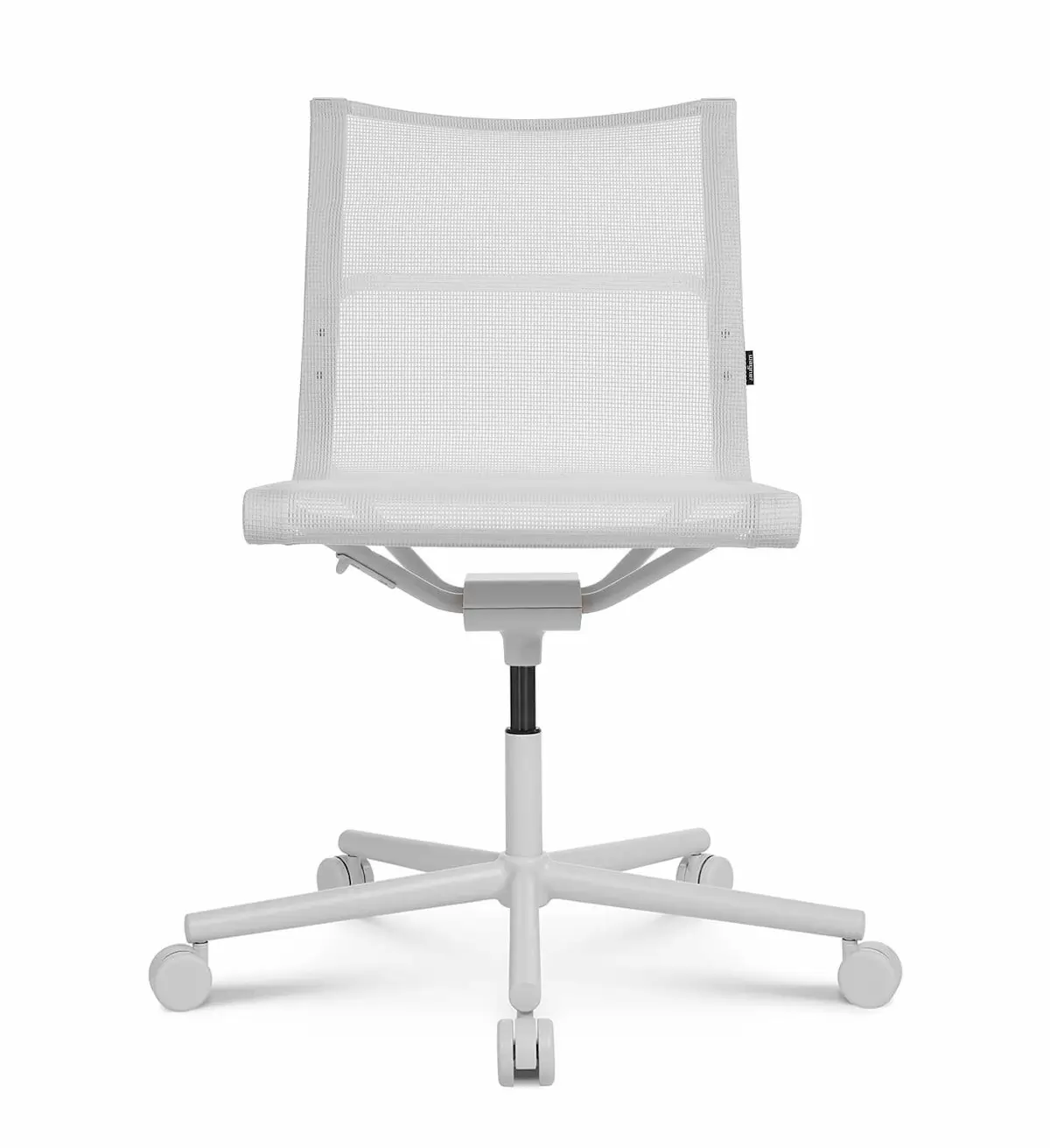 Vorderansicht des Wagner d1 Office Arbeitsstuhls ohne Armlehnen in Weiß mit Netzbespannung und weißem Rollengestell.