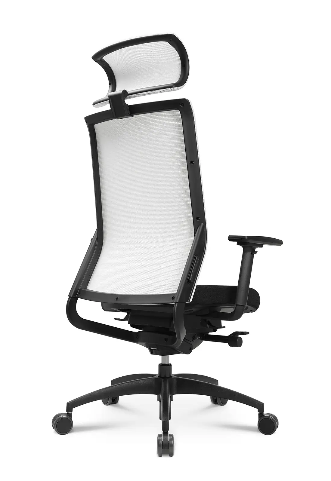 Wagner ErgoMedic 100-2 Bürostuhl mit weißer Netzrückenlehne, weißer Kopfstütze und ergonomischer Konstruktion in schräger Rückansicht.