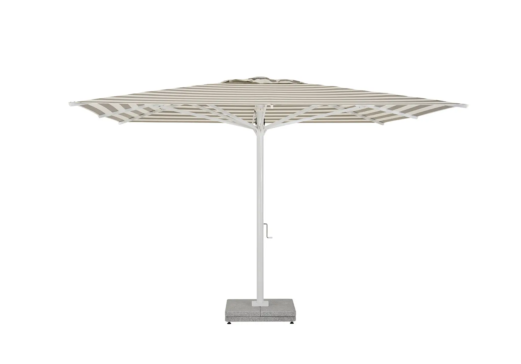 Geöffneter Weishäupl Teleskopschirm 400 x 400 cm mit grau-weiß gestreiftem Schirmbezug und Aluminiumgestell