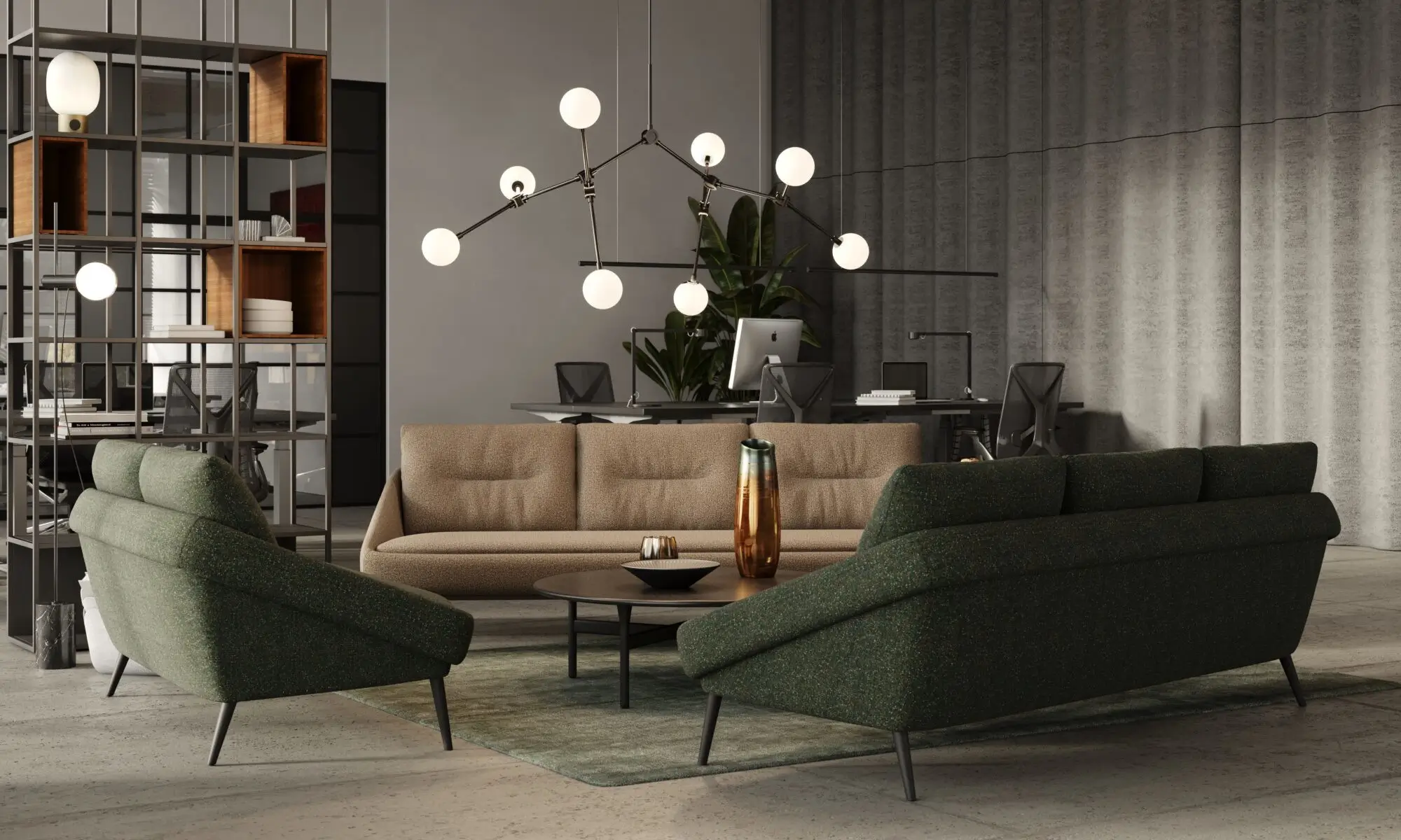 Beiges Noti Nome Sofa 2-Sitzer mit schwarzen Metallbeinen und gepolsterten Rückenkissen in einer modernen Büro-Lounge mit weiteren Sitzmöbeln