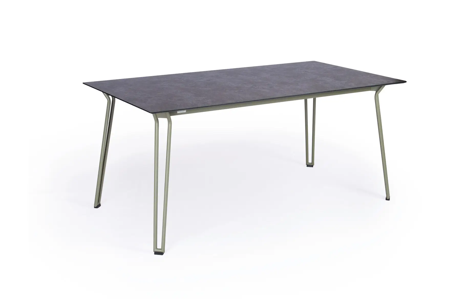Weishäupl Slope Tisch 165 x 90 cm mit perlgrünem Gestell und robuster HPL-Tischplatte in Steingrau. Wetterfester Gartentisch für Terrasse und Außenbereich.