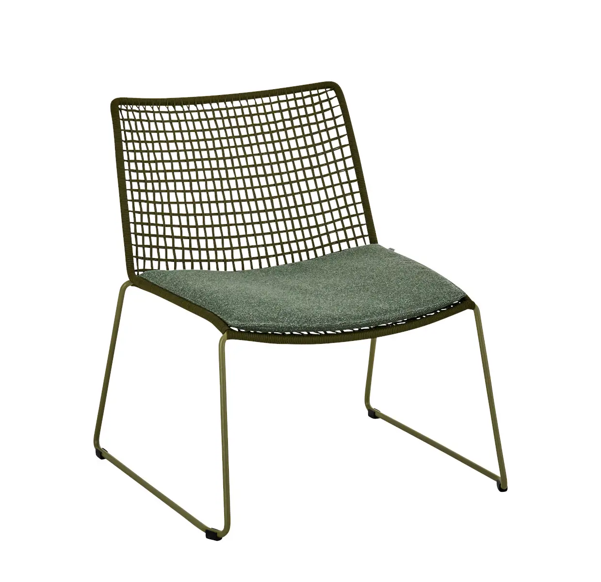 Weishäupl Slope Loungesessel in Perlgrün mit wetterfestem Kordelgeflecht und komfortablem Outdoor-Sitzkissen.