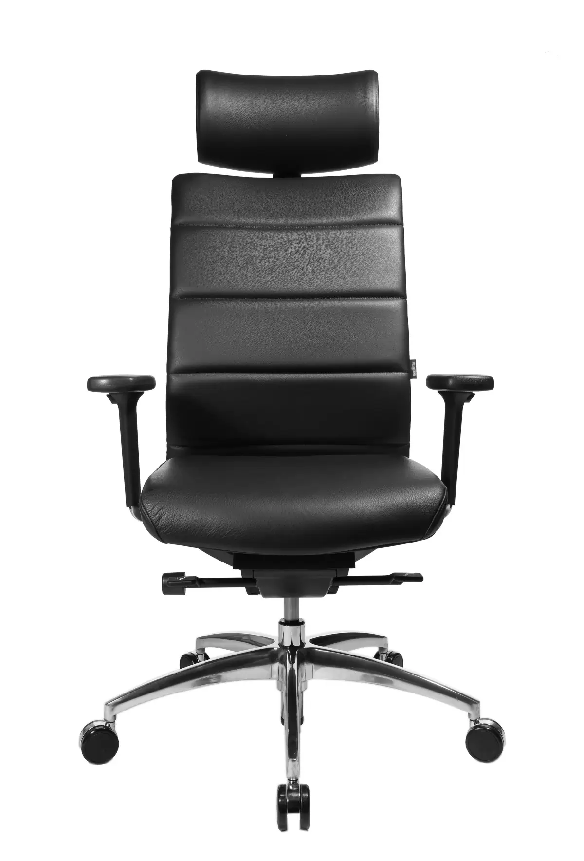 Wagner ErgoMedic 100-4 Bürostuhl mit schwarzem Lederbezug, ergonomischer Kopfstütze und verstellbaren Armlehnen in der Frontansicht.