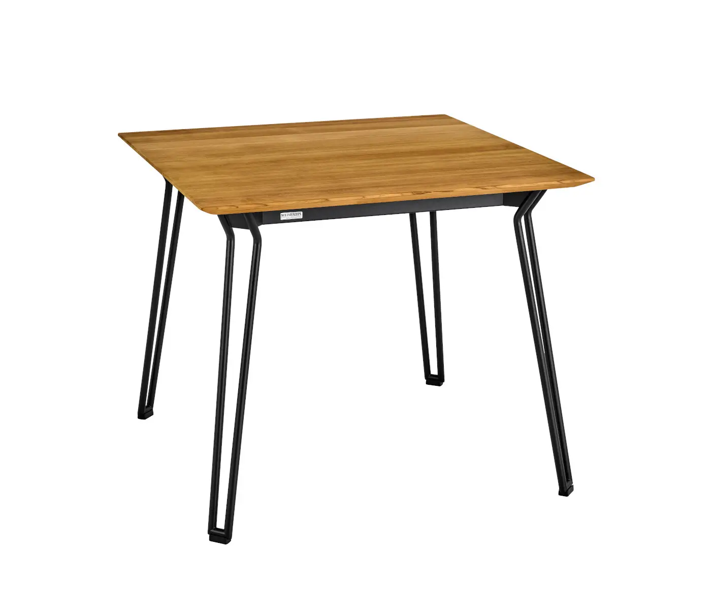 Weishäupl Slope Tisch 90 × 90 cm mit schwarzem Gestell und massiver Teakholz-Tischplatte. Wetterfest und ideal für Garten, Terrasse und Outdoor-Essbereiche.