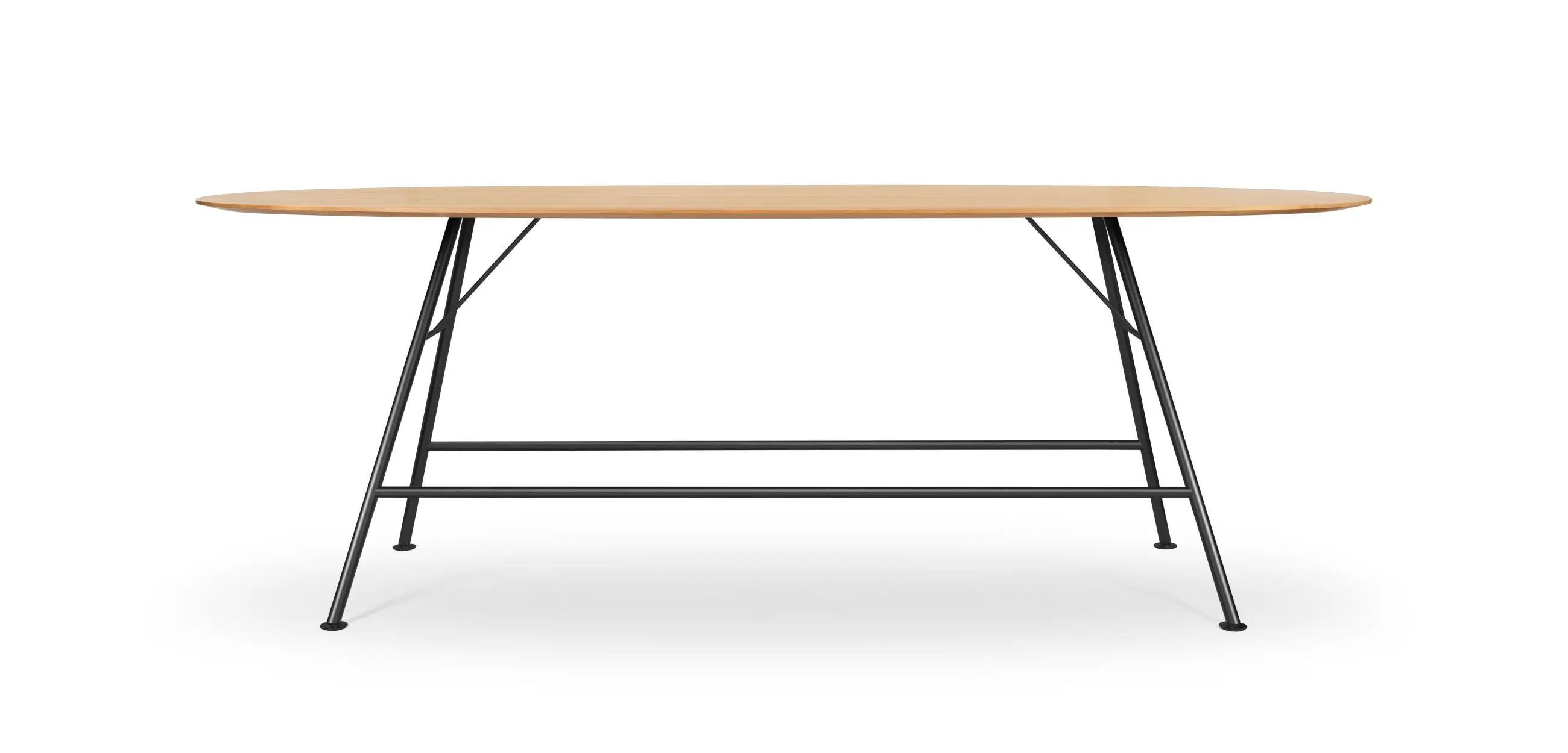 Girsberger Akio Steel Stehtisch mit ovaler Massivholzplatte und filigranem Stahlgestell für Besprechungsbereiche und moderne Arbeitswelten.