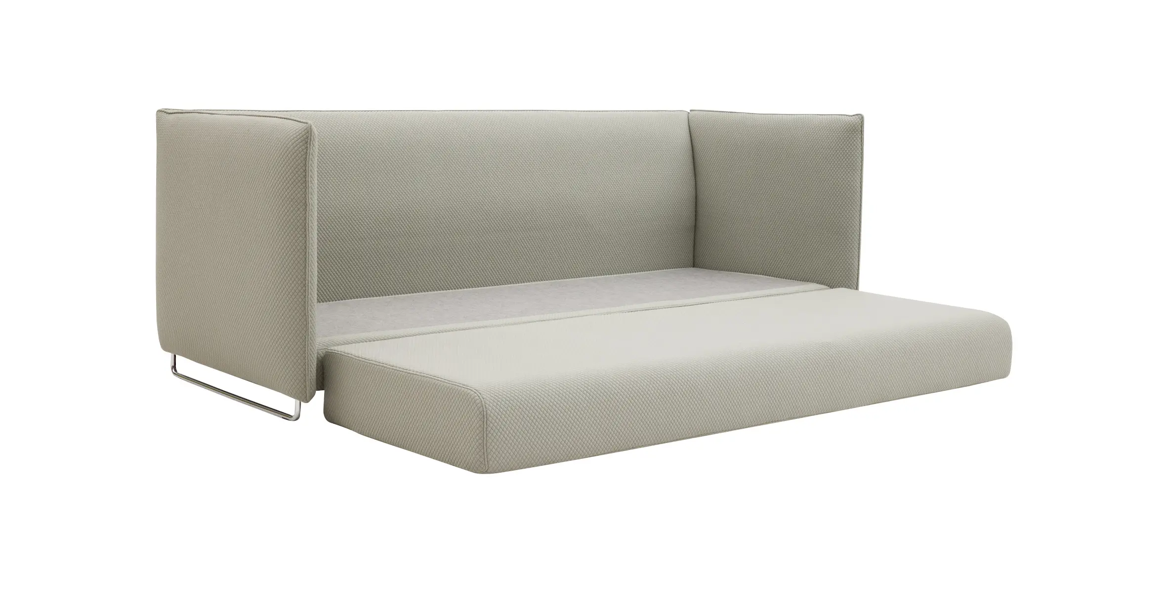 Softline Metro Sofa in Hellgrau mit ausgezogener Liegefläche, hohen gepolsterten Armlehnen und filigranen Metallfüßen.