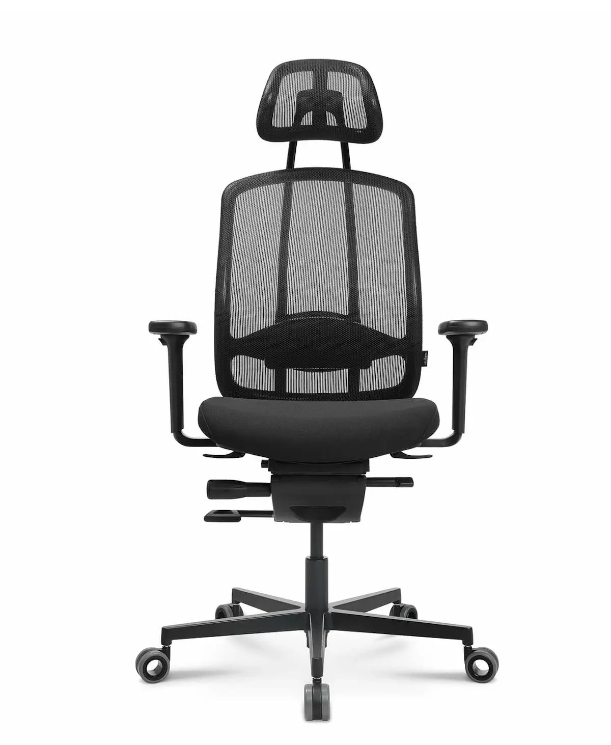 Frontansicht des Wagner AluMedic Black Edition Bürostuhls mit Kopfstütze, schwarzer Netzrückenlehne, ergonomischer Sitzpolsterung, höhenverstellbaren Armlehnen und schwarzem Aluminium-Fußkreuz.