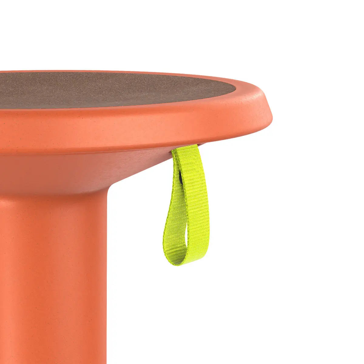 Interstuhl ECO UP Sitzhocker Pastellorange mit Detailansicht der Sitzfläche und Griffschlaufe