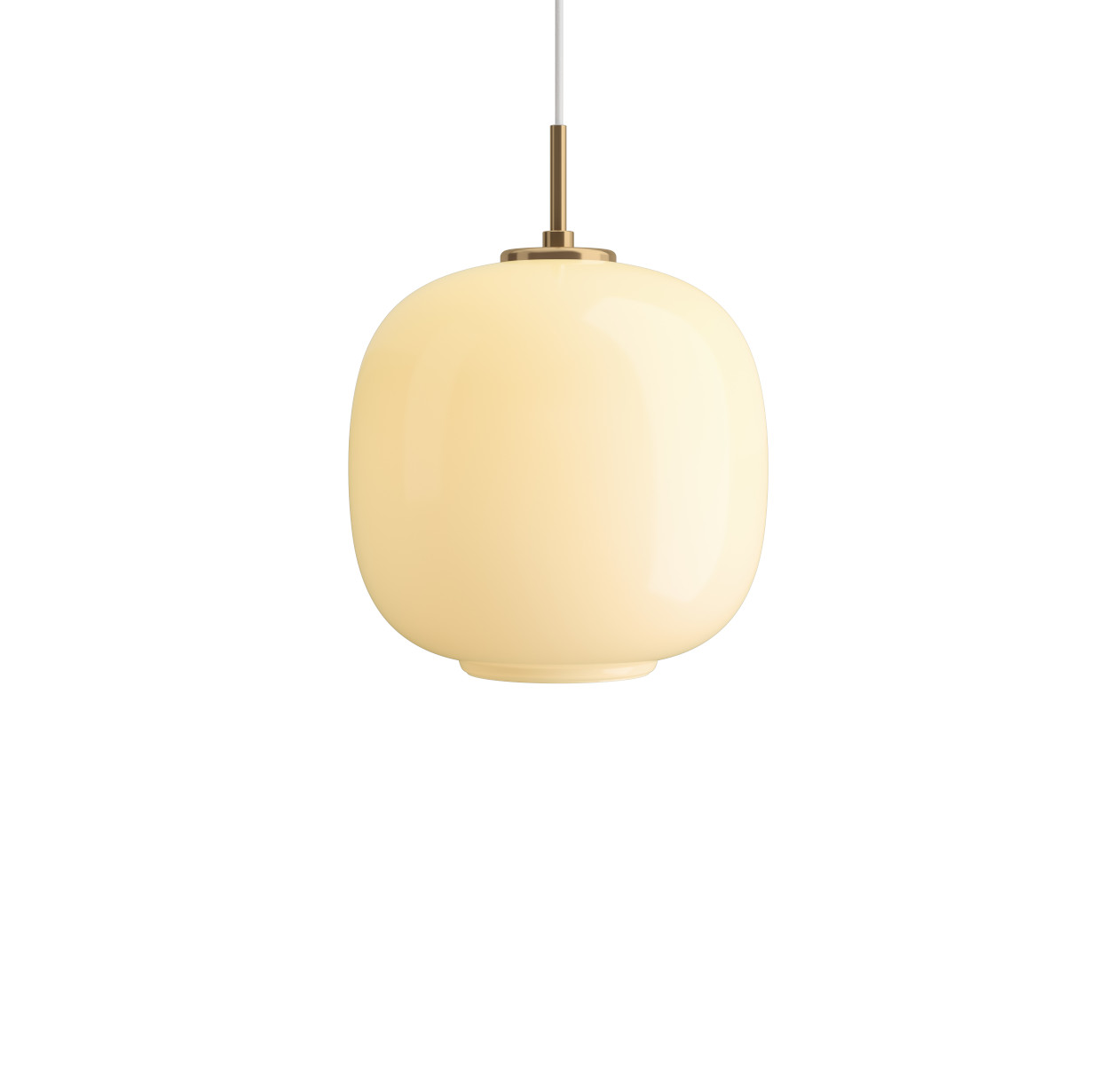 VL 45 Radiohus Pendelleuchte von Louis Poulsen, Ø 25 cm, Messingfassung, glänzendes gelbes Glas, skandinavisches Design, hochwertig