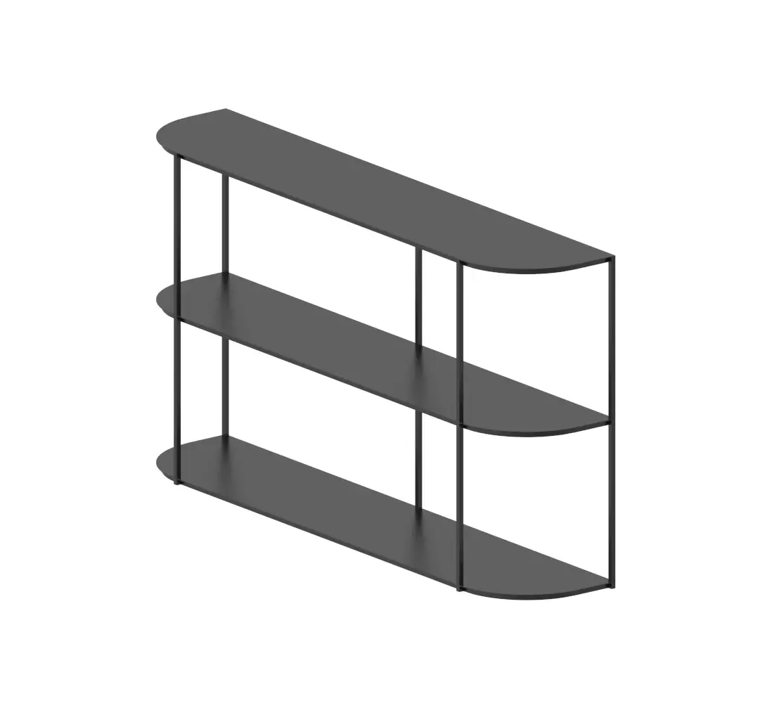 Modernes Zeus Eveline Sideboard in Kupferschwarz mit zwei abgerundeten Ecken und offenen Ablageflächen für Bücher und Dekoration.