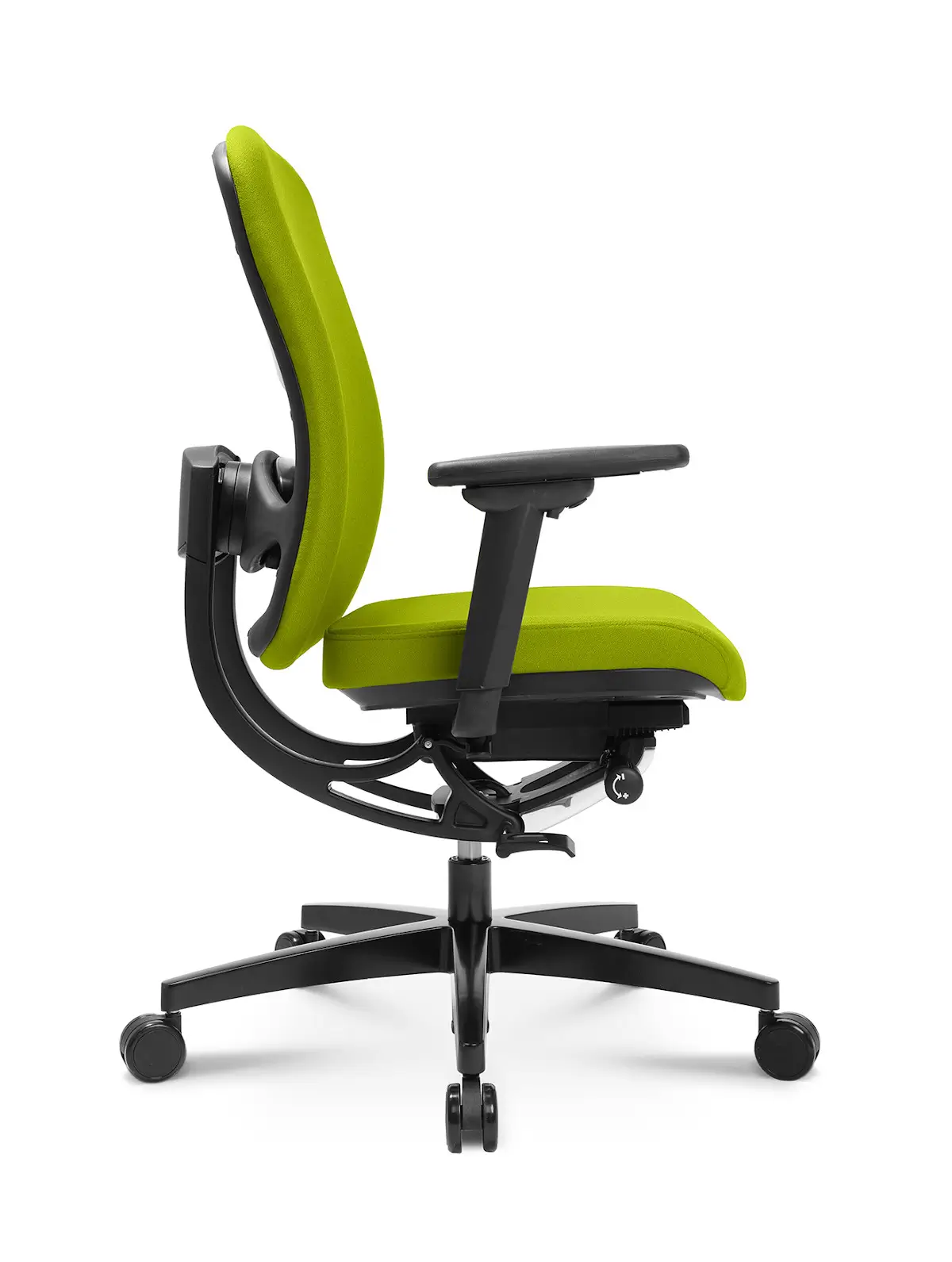 Seitenansicht des Wagner AluMedic 15 Bürostuhls mit ergonomischer Rückenlehne, Synchronmechanik und grünem Stoffbezug.