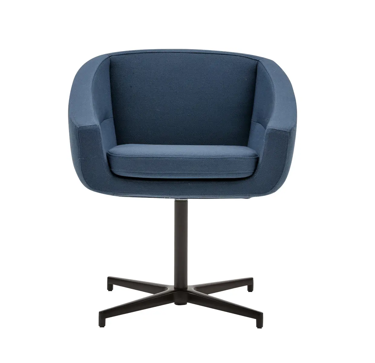 Softline Aiko Drehsessel in Blau in Vorderansicht mit gepolsterter Sitzschale, separatem Sitzkissen und schwarzem Kreuzfuß.