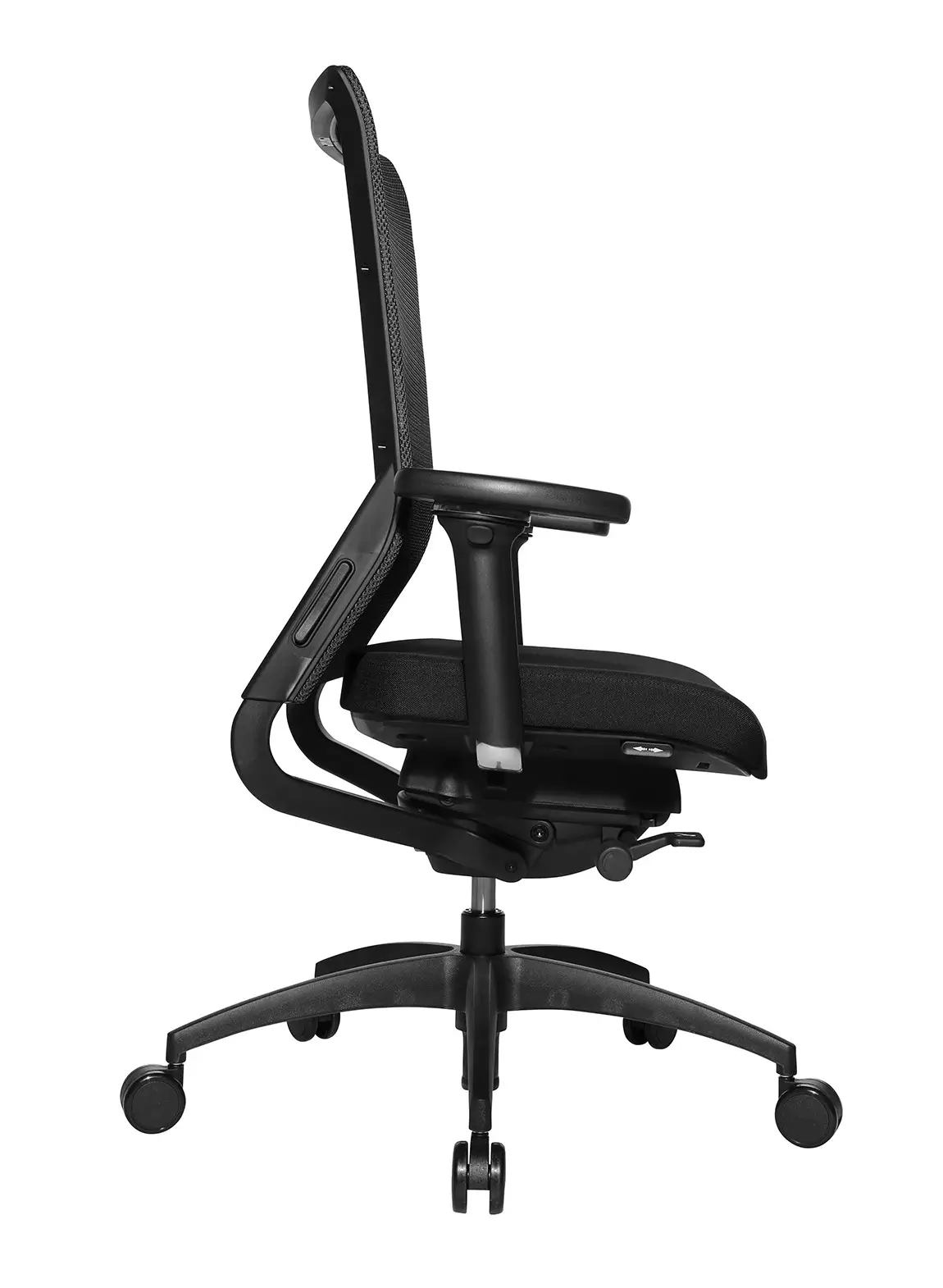 Wagner ErgoMedic 100-1 Bürostuhl mit schwarzer Netzrückenlehne, gepolstertem Sitz und ergonomischer Mechanik in der Seitenansicht.