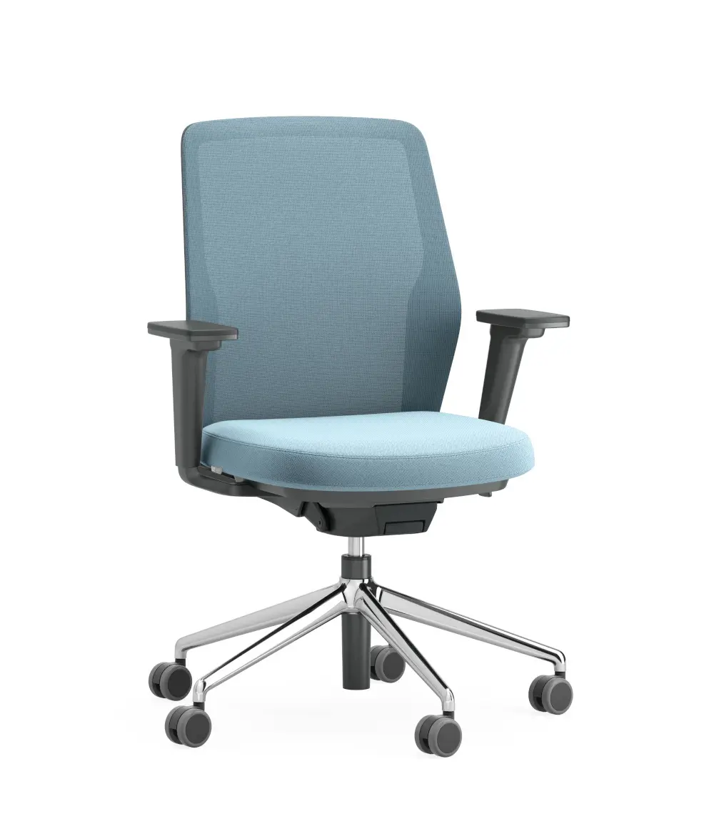 ICF Duo Edge Mesh Mid Back Bürostuhl mit mittelhoher Rückenlehne, ergonomischem Sitz, Armlehnen und Fünfsternfuß auf Rollen.
