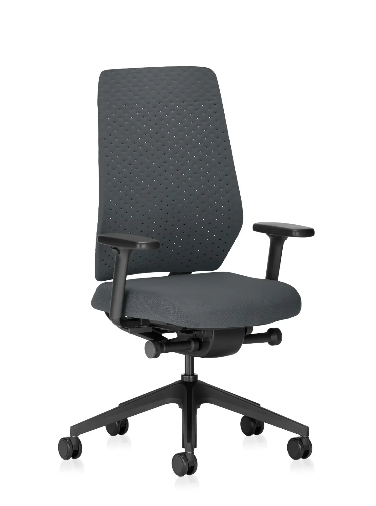 Interstuhl JOYCEis3 JC316 Bürostuhl in Schwarz und Grau mit perforierter Rückenlehne in schräger Frontansicht
