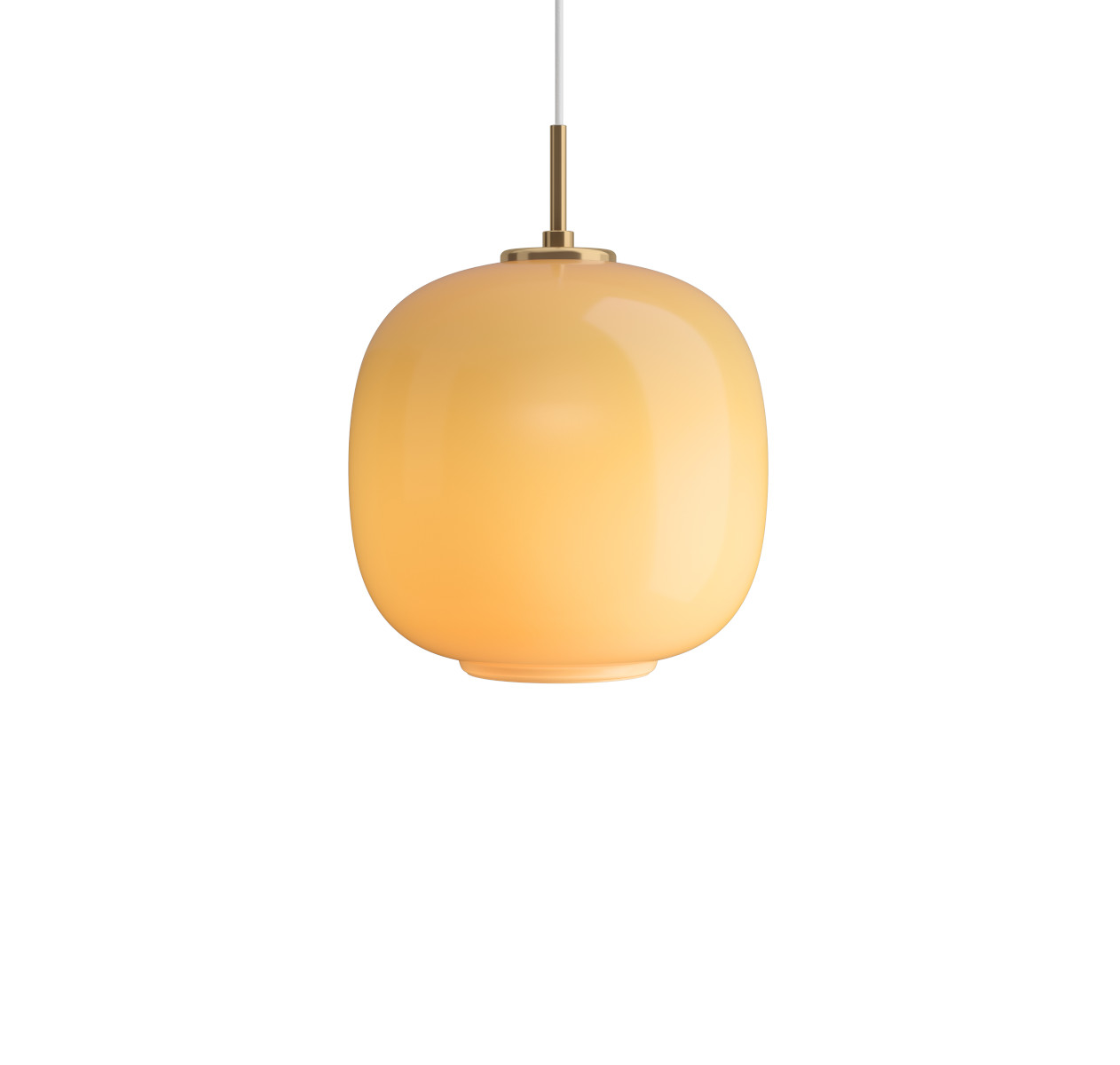 VL 45 Radiohus Hängelampe von Louis Poulsen, 25 cm, Messing-Finish, bernsteinfarbenes Glas, moderne skandinavische Leuchte