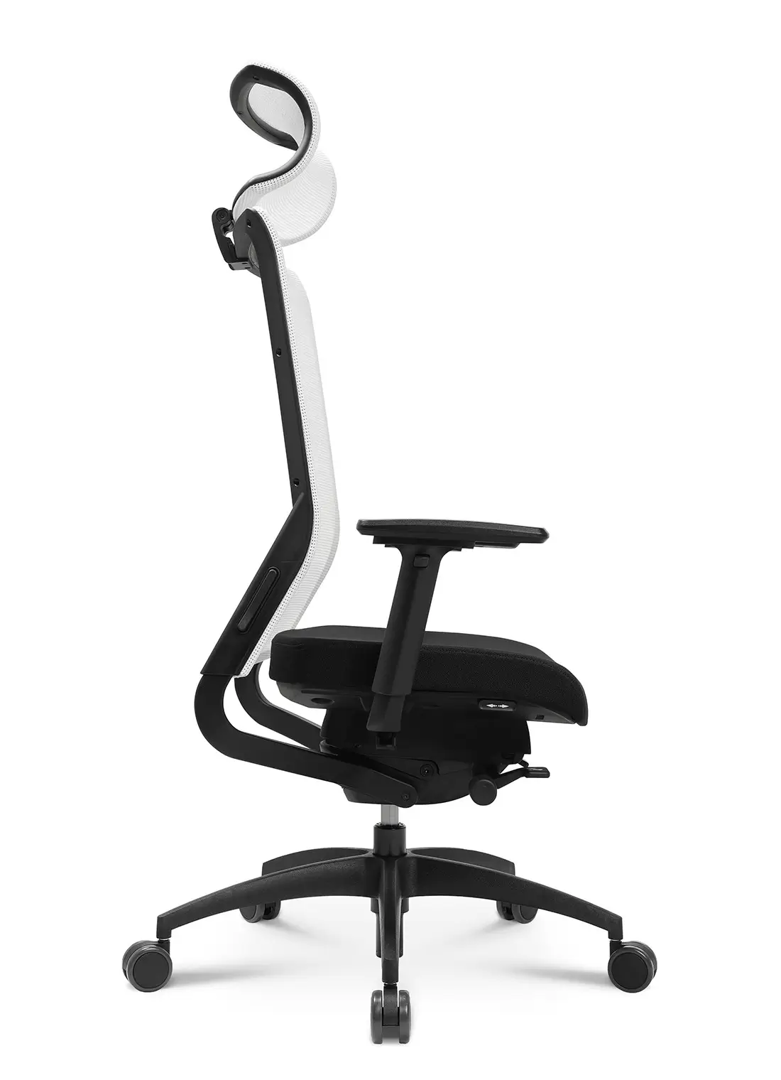 Wagner ErgoMedic 100-2 Bürostuhl mit weißer Netzrückenlehne, weißer Kopfstütze, schwarzem Sitzpolster und ergonomischer Mechanik in der Seitenansicht.