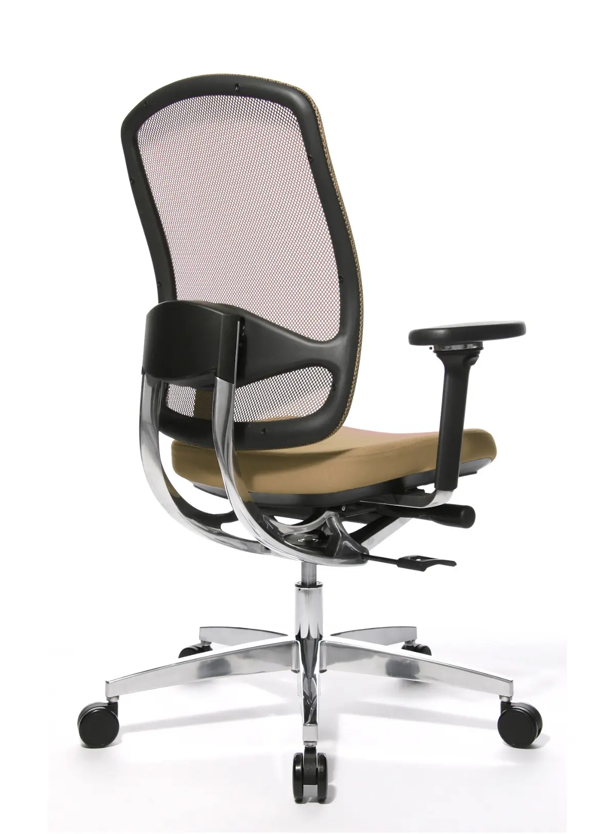 Wagner AluMedic 10 Bürostuhl in Schrägansicht von hinten mit ergonomischer Netzrückenlehne und hochwertigem Aluminium-Fußkreuz für moderne Arbeitsplätze
