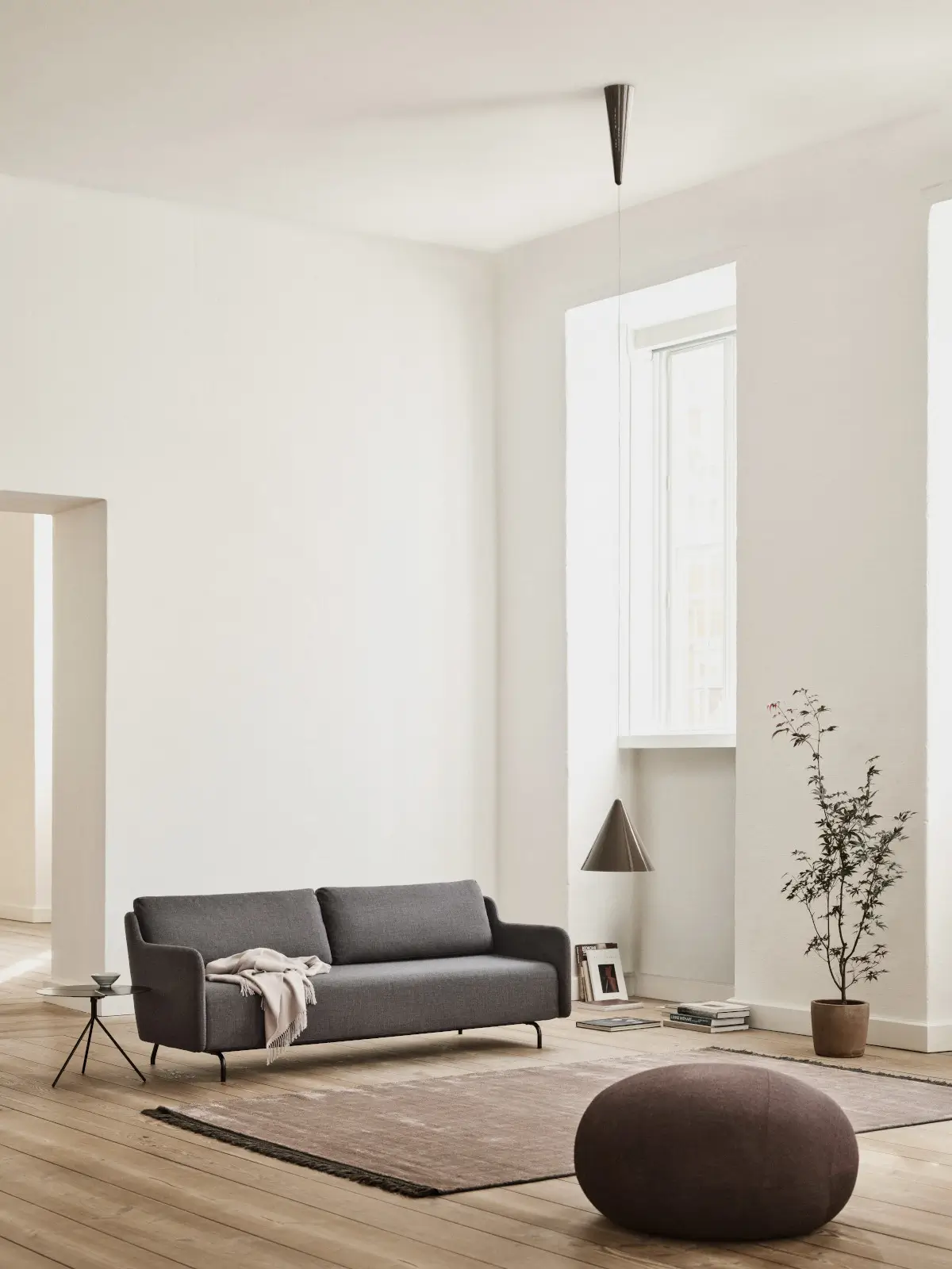 Softline Venus Sofa in Anthrazit in einem hellen Wohnambiente mit Holzboden, Teppich, Beistelltisch und großem Fenster.