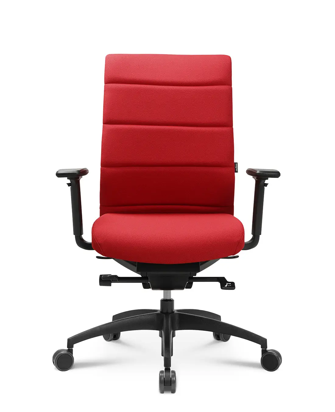 Wagner ErgoMedic 100-4 Bürostuhl mit rotem Sitz- und Rückenpolster, ergonomischer Rückenlehne und verstellbaren Armlehnen in der Frontansicht.
