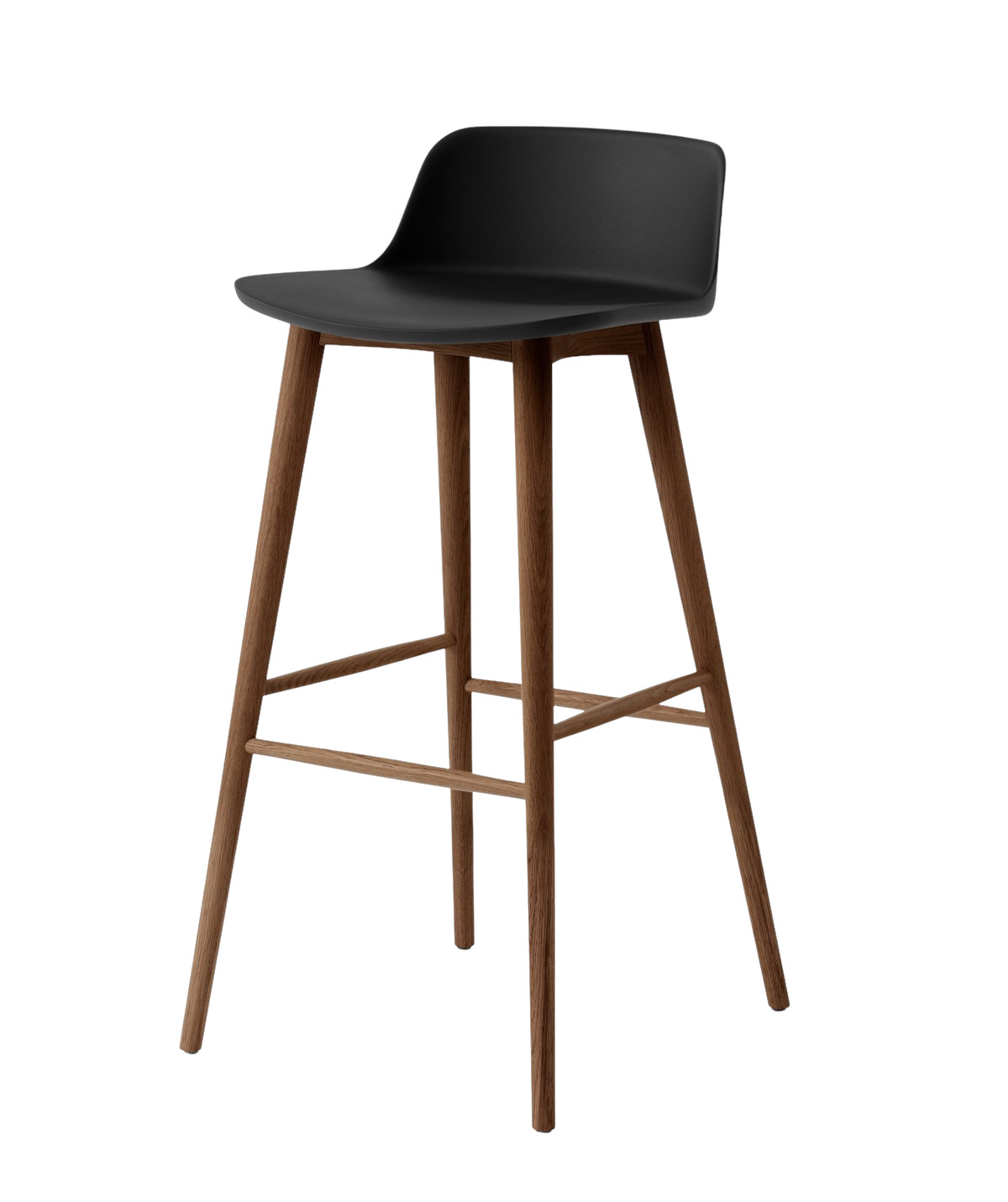 &Tradition Rely HW123 Barhocker 75 cm mit Walnuss Gestell und schwarzer Sitzfläche, stilvoller Küchenhocker
